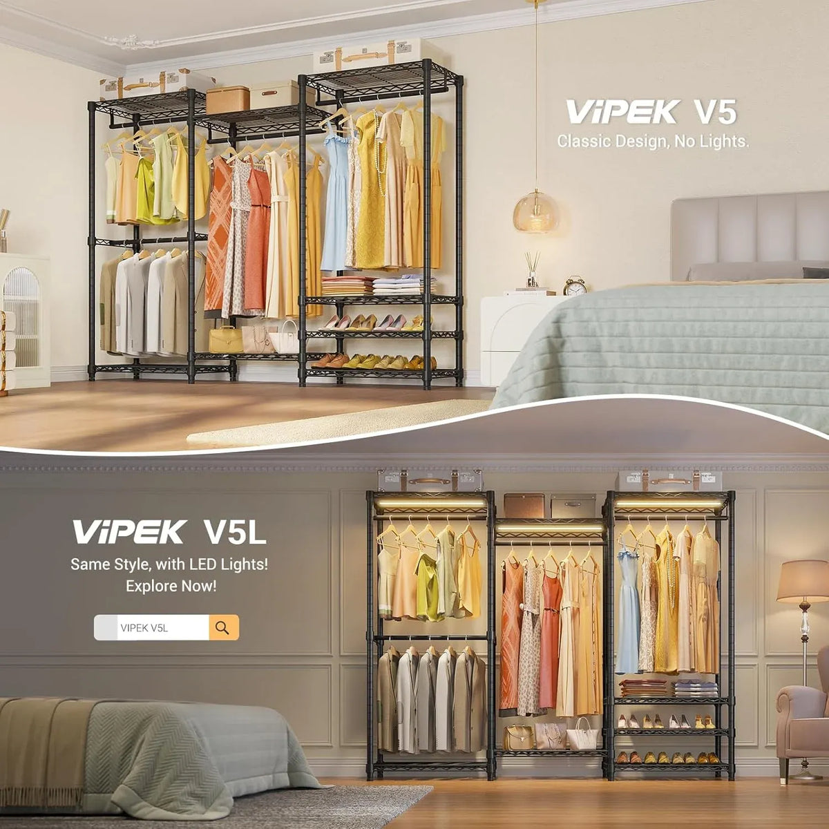 V5 Portable Closet Wardrobe Heavy Duty Clothes Rack, Freestanding Clothing Rack with 4 Hang Rods & 8 Shelves, Adjustable Closet Racks, 68.9 L x 15.7 W x 76.4 H, Max Load 890LBS, Black