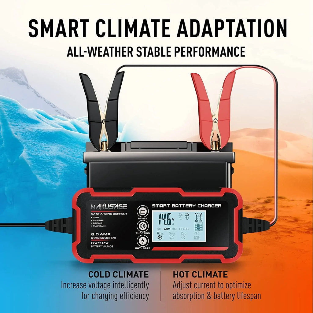 Manusage 10-Amp Fully-Automatic Smart Charger, 6V and 12V Portable Automotive Car Battery Charger, Battery Maintainer, Trickle Charger,Battery Desulfator with Temperature Compensation, AGM,Deep Cycle