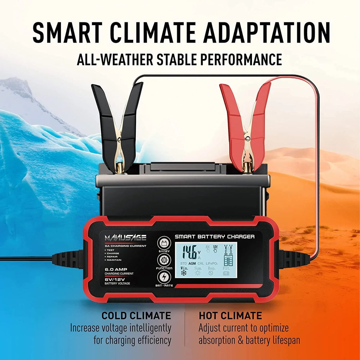 Manusage 10-Amp Fully-Automatic Smart Charger, 6V and 12V Portable Automotive Car Battery Charger, Battery Maintainer, Trickle Charger,Battery Desulfator with Temperature Compensation, AGM,Deep Cycle