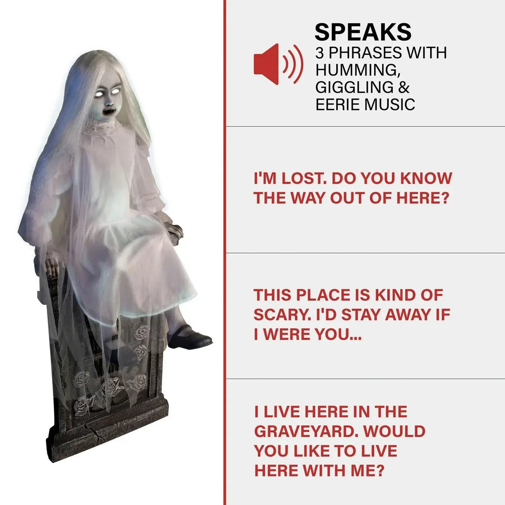 Motion-Activated Sitting Tombstone Girl by Tekky, Talking Animatronic for Ind...