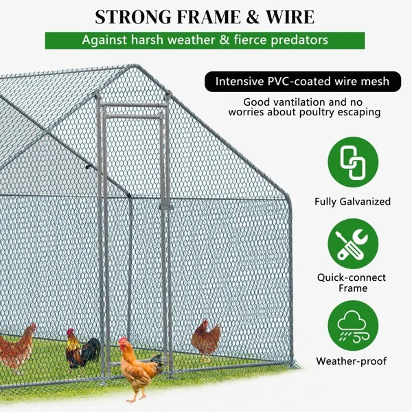 Al Fresco 10 x 10 ft Outdoor Large Metal Chicken Coop, Chicken Run Walkin Poultry Cage for Duck and Rabbit, Hen House with Waterproof Cover, Silver