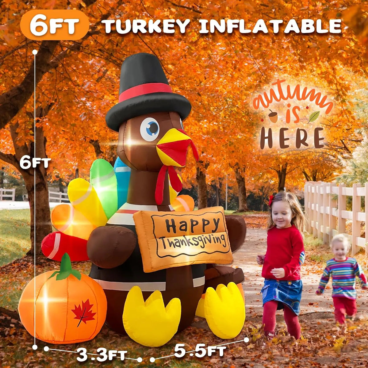 6FT Thanksgiving Inflatables Turkey Blow Up with Built-in Led Lights for Outdoor Holiday Yard Lawn Air-Blown Decorations