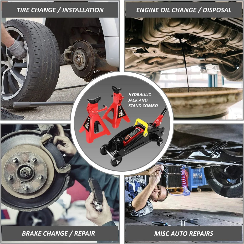DNA Motoring TOOLS-00280 Low Profile Hydraulic Trolley Service/Floor Jack Combo with 2 Ratchet Jack Stands