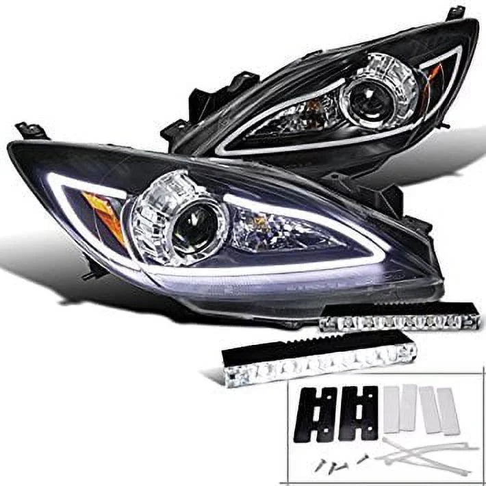 Mazda 3 JDM Black LED DRL Strip Projector Headlights w/ 6-LED Fog DRL