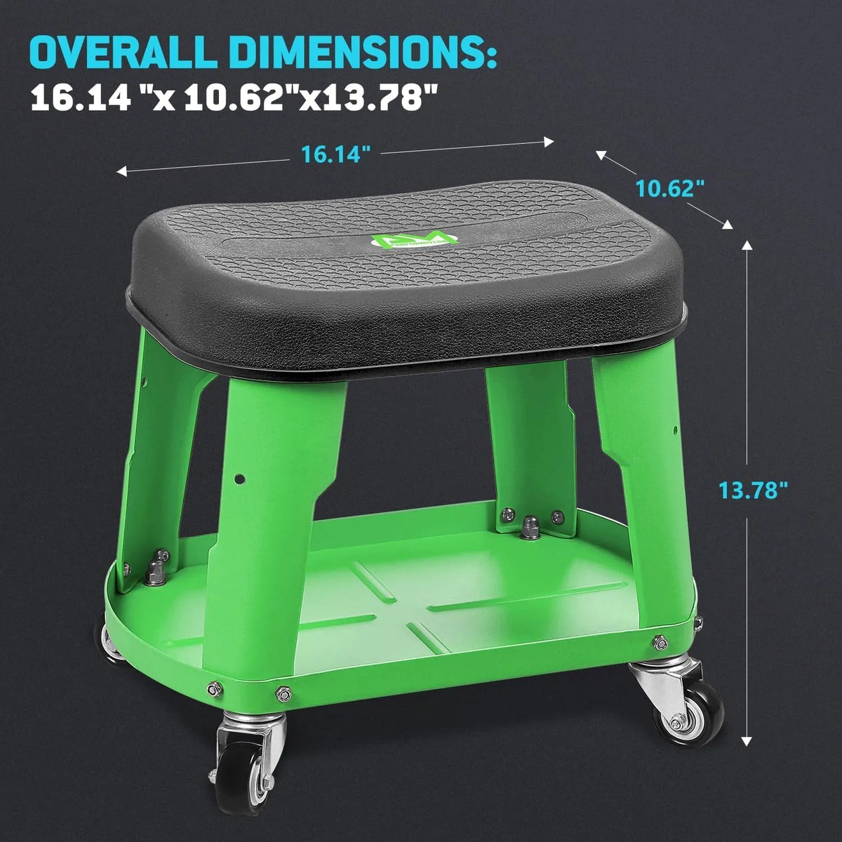 Adjustable Height Pneumatic Garage Seat Rolling Mechanic Stool with Tool Tray Storage,300lbs Max Weight Capacity, Green,PM-TOL-RTS-GR