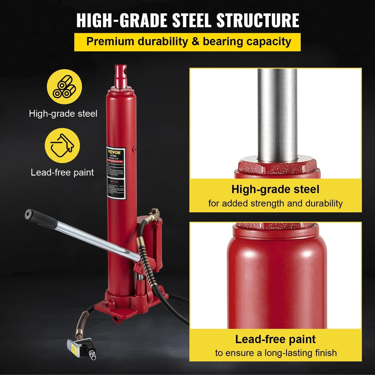 VEVOR Hydraulic / Pneumatic Long Ram Jack, 8 Tons/17363 lbs Capacity, with Single Piston Pump and Clevis Base, Manual Cherry Picker w/Handle, for Garage/Shop Cranes, Engine Lift Hoist, Red