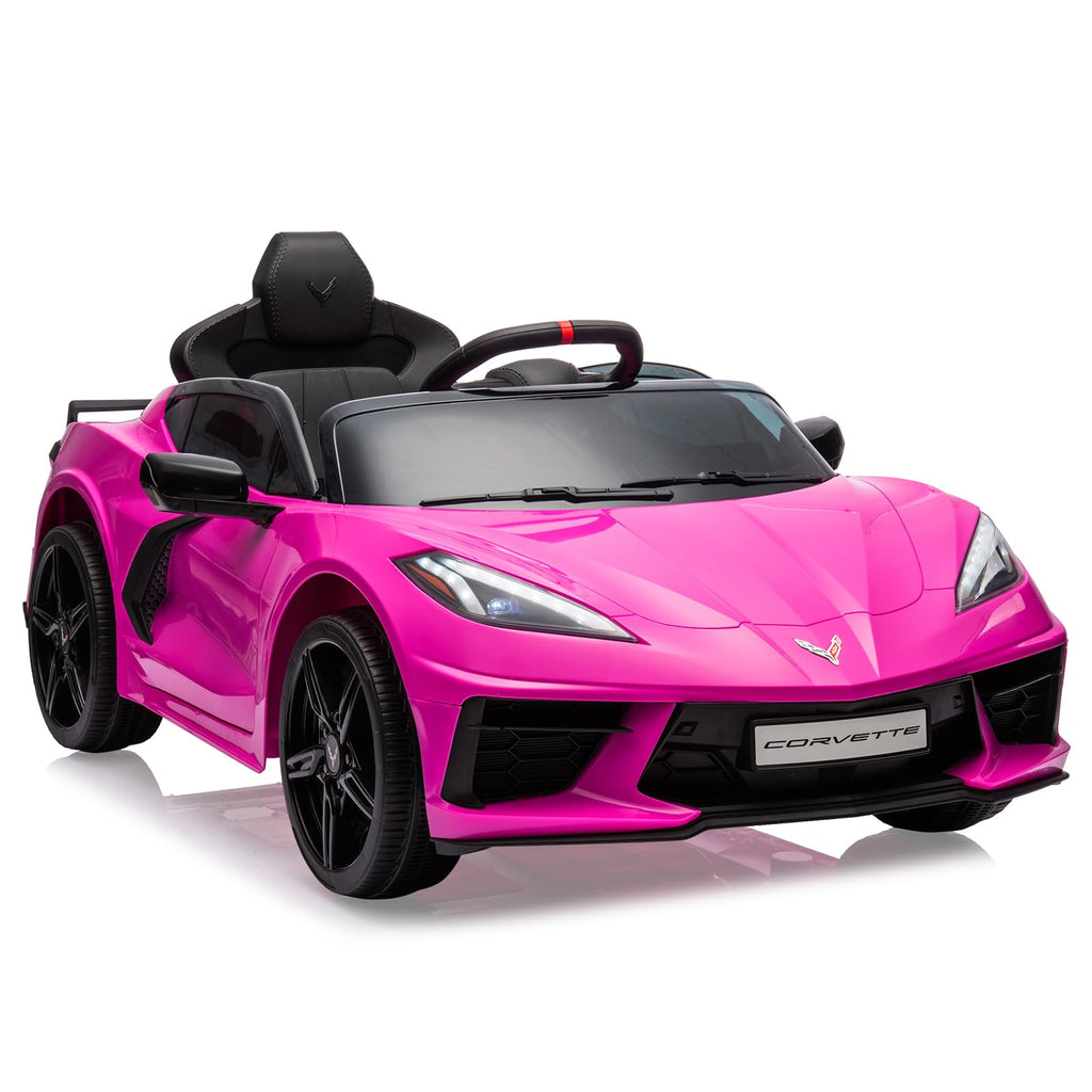12V Kids Ride on Car Licensed Corvette Battery Powered Car Toddles Electric Sports Car Toy with Remote Control, Visual Dashboard, LED Lights, Music, Gifts for Boys Girls, Rose Red