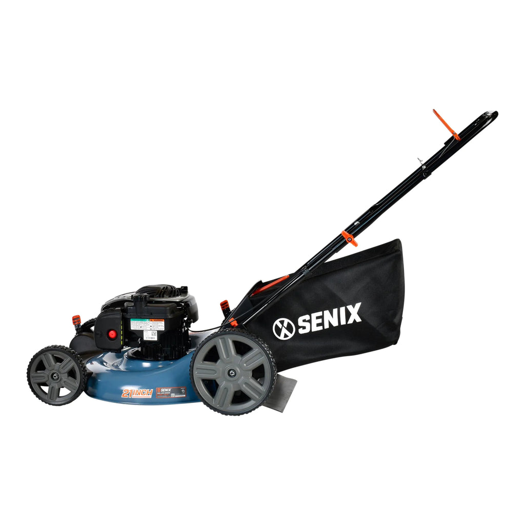 SENIX 21-Inch Push Lawnmower, 140 cc 4-Cycle Briggs & Stratton Engine, 3-in-1 Mower, Prime & Pull, 6-Position Height Adjustment with 11-Inch Rear Wheels, LSPG-M7