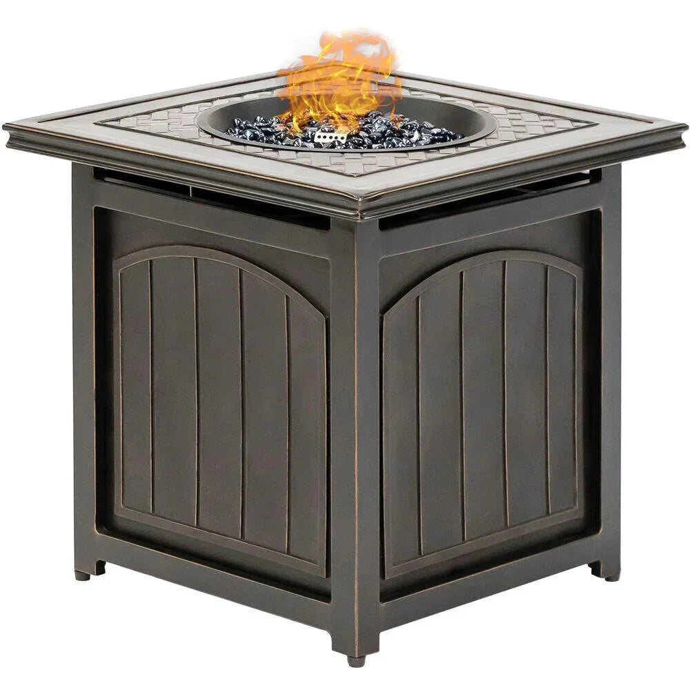 5-Piece Steel Patio Fire Pit Conversation Set with Navy Blue Cushions, Swivel Gliders and Square Fire Pit Table