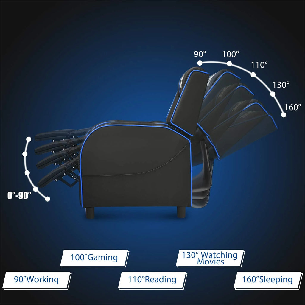 POWERSTONE Gaming Recliner Chair, Reclining Gaming Chair Ergonomic Leather Sofa with Footrest Lumbar Support Headrest and Side Pouch for Living Room Home Theater, Blue