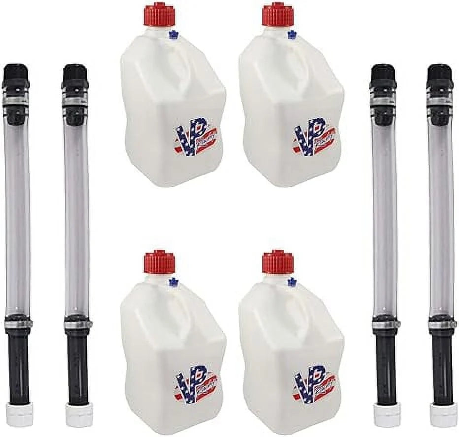 VP Racing Fuels 5 Gallon Square Motorsport Patriotic Racing Utility Container w/ Deluxe Filler Hose (4 Pack) Close-Trimmed Cap and Neck for Tight Seal