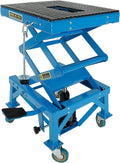 300lbs Heavy Duty Hydraulic Motorcycle Scissor Jack Lift with The Foot Peg Hold Downs Fit for Motorbike Dirt Bike Hydraulic Center Stand Lift with 4 Wheels