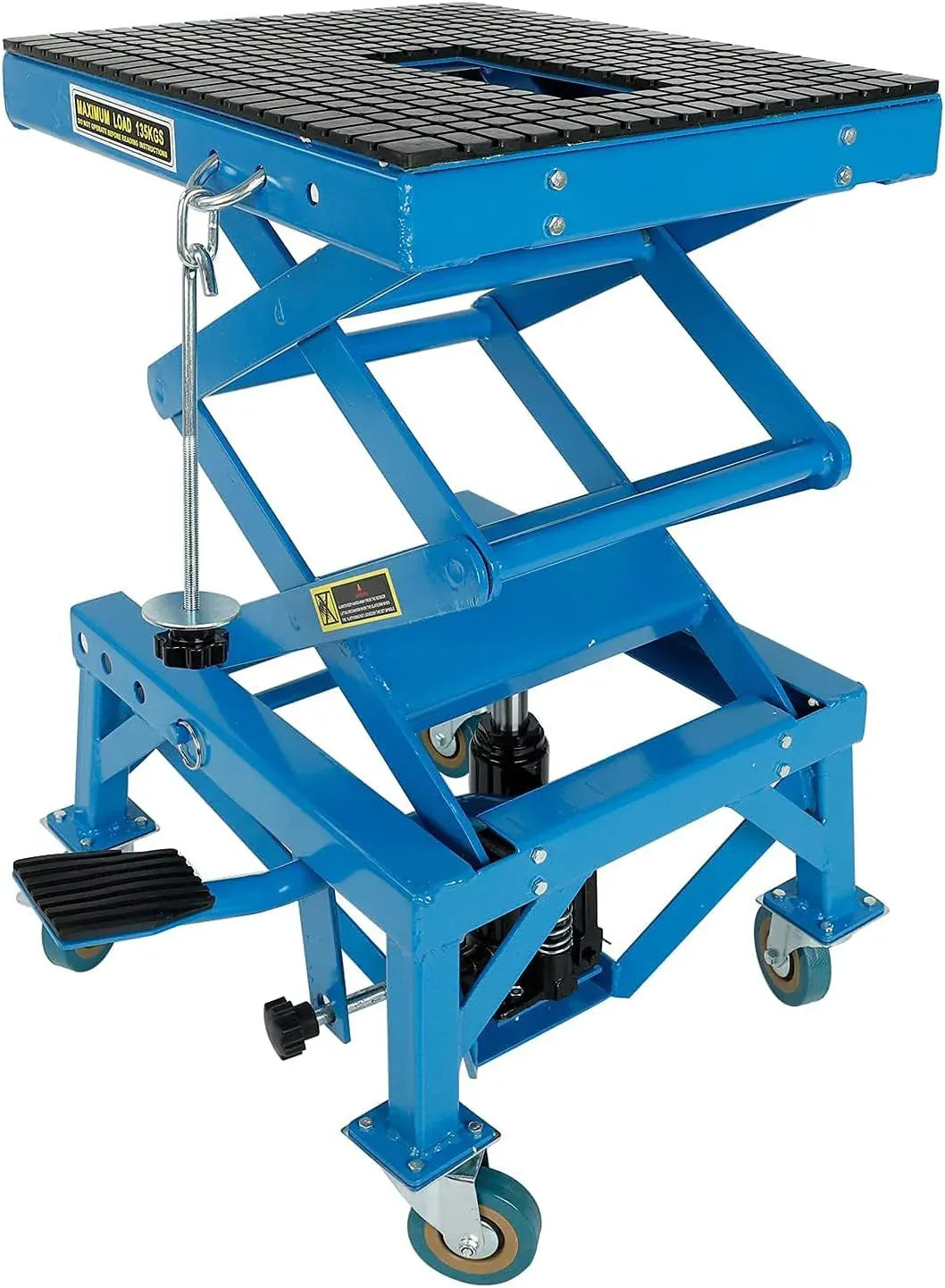 300lbs Heavy Duty Hydraulic Motorcycle Scissor Jack Lift with The Foot Peg Hold Downs Fit for Motorbike Dirt Bike Hydraulic Center Stand Lift with 4 Wheels