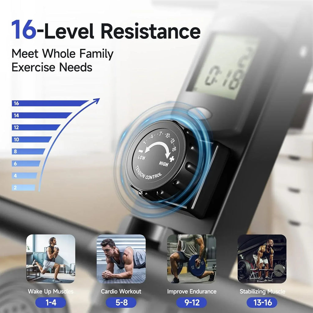Rowing Machines for Home, Magnetic Row Machine Foldable, 16 Levels Quiet Resistance Rowing Machine with Dual Slide Rail, Folding Indoor Rowers Compact with Max 350lb Weight Capacity