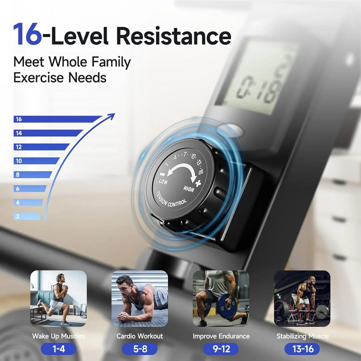 Rowing Machines for Home, Magnetic Row Machine Foldable, 16 Levels Quiet Resistance Rowing Machine with Dual Slide Rail, Folding Indoor Rowers Compact with Max 350lb Weight Capacity