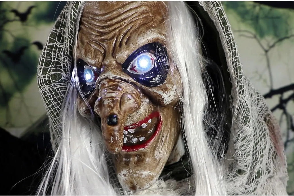 Haunted Hill Farm Life-Size Scary Talking Witch, Animatronic with Touch Activated Lights and Sound, Battery Operated Indoor or Covered Outdoor Decoration, Creepy Halloween Prop