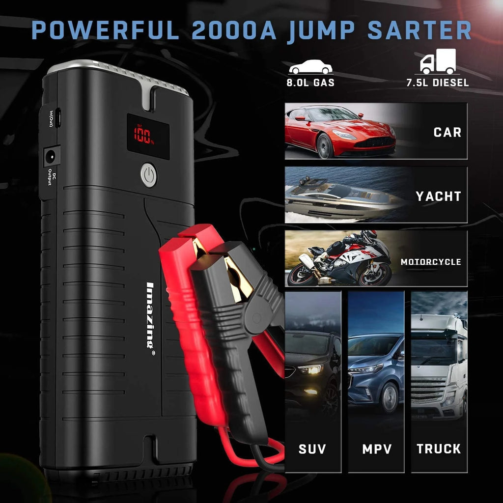 Imazing Portable Car Jump Starter 2000A Peak 18000mAH, 12V Auto Battery Booster Portable Power Pack with LCD Display Jumper Cables, QC 3.0 and LED Light
