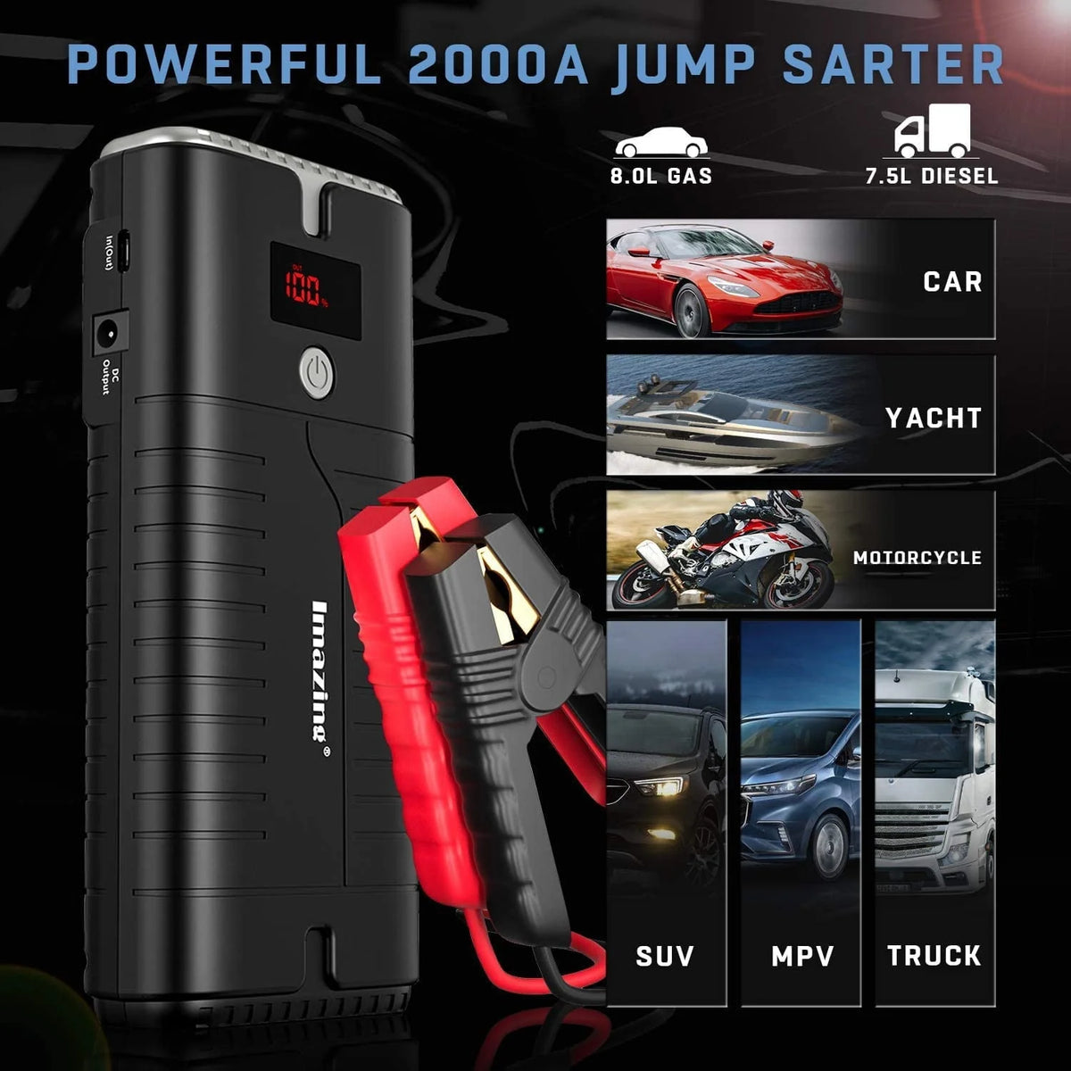 Imazing Portable Car Jump Starter 2000A Peak 18000mAH, 12V Auto Battery Booster Portable Power Pack with LCD Display Jumper Cables, QC 3.0 and LED Light
