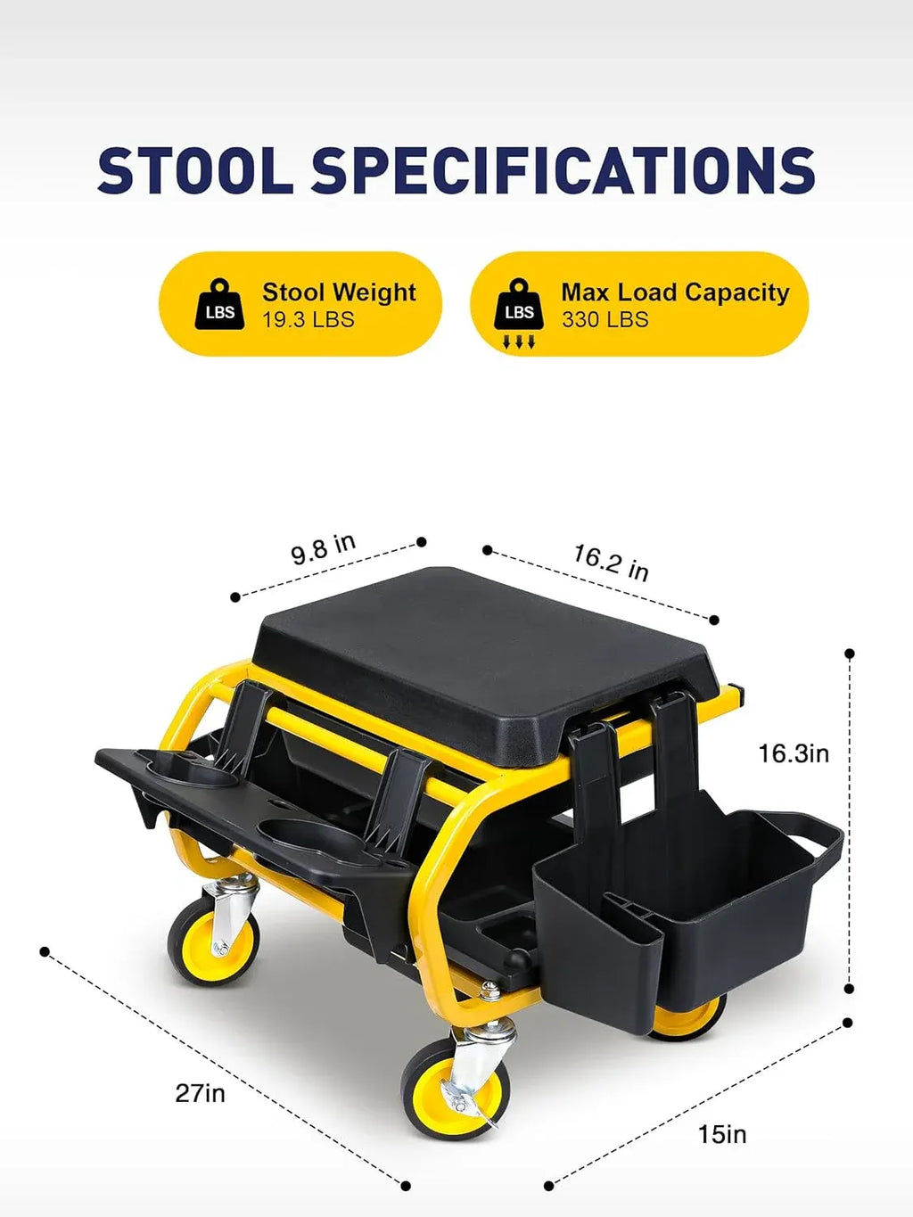 Rolling Mechanic Stool With Wheels, Garage Work Chair for Mechanics, Car Detailing, Heavy Duty (330 LBS Max Load Capacity)