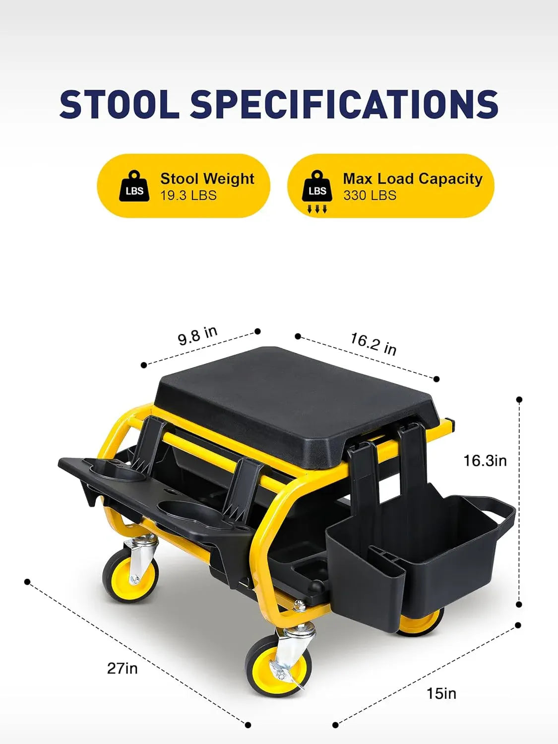 Rolling Mechanic Stool With Wheels, Garage Work Chair for Mechanics, Car Detailing, Heavy Duty (330 LBS Max Load Capacity)