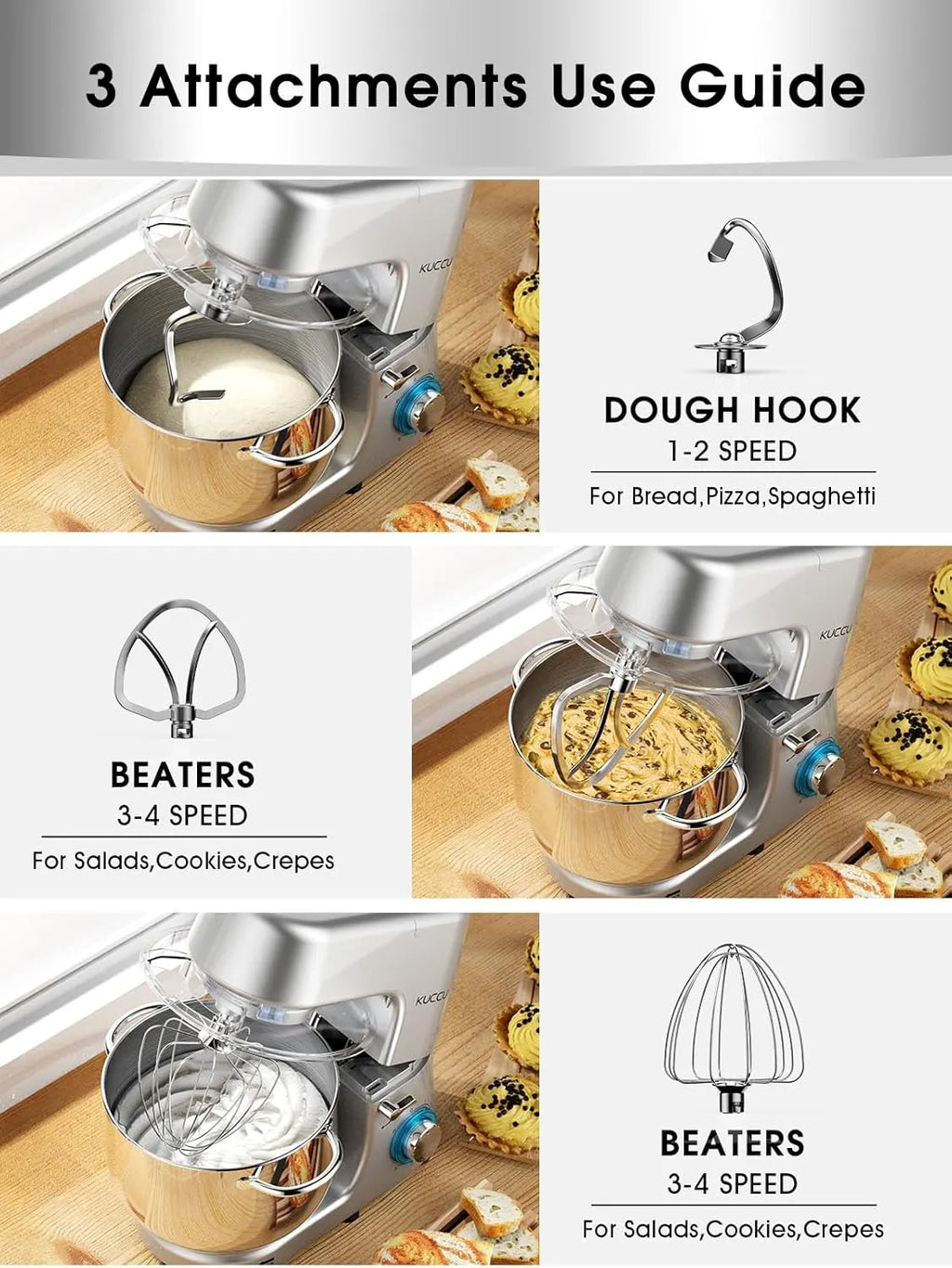 9.5 QT Double Handle KUCCU Stand Mixer, 6 Speed with Pulse Electric Kitchen Mixer, 660W Tilt-Head Food Mixer with Dishwasher-Safe Dough Hook, Flat Beater, Whisk, Splash Guard for home baking (Silver)