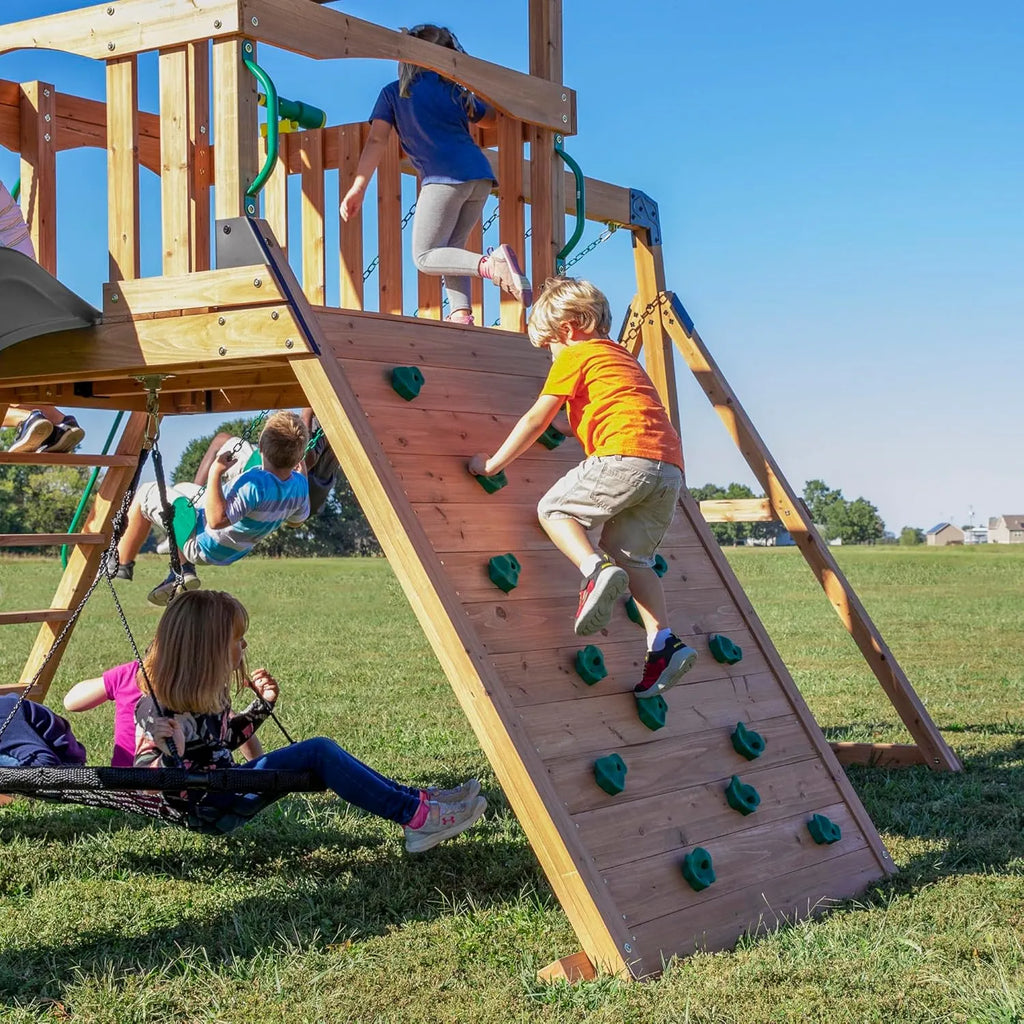 Backyard Discovery Endeavor Cedar Wood Swing Set with Wave Slide, Play Deck, Double Rock Wall, Rope Ladder, Climbing Wall, Belt Swings, 40-Inch Web Swing, Step Ladder, Toy Telescope, Outdoor Playset