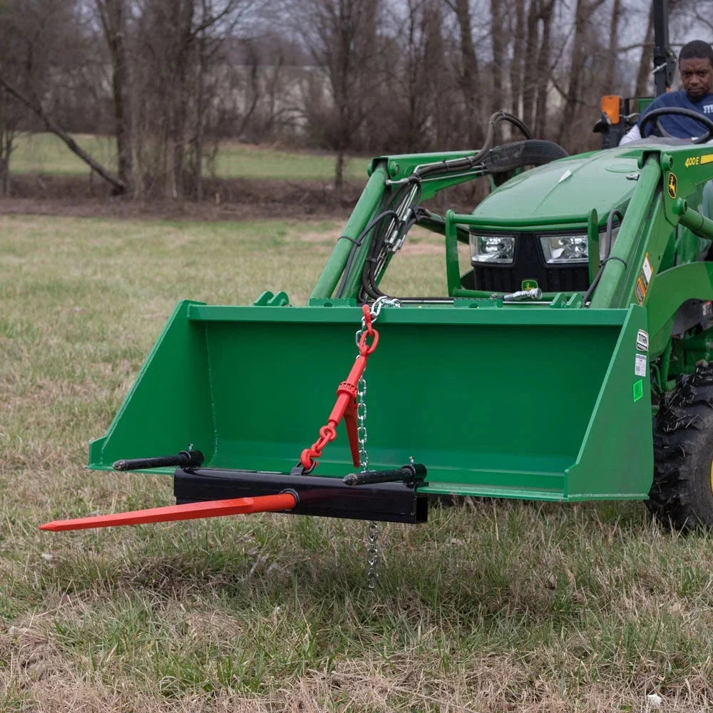 Titan Attachments 43 Hay Bale Spear Attachment with Stabilizer Spears, Universal HD Front Skid Steer Tractor Loader Bucket Attachment, 3000 LB Capacity