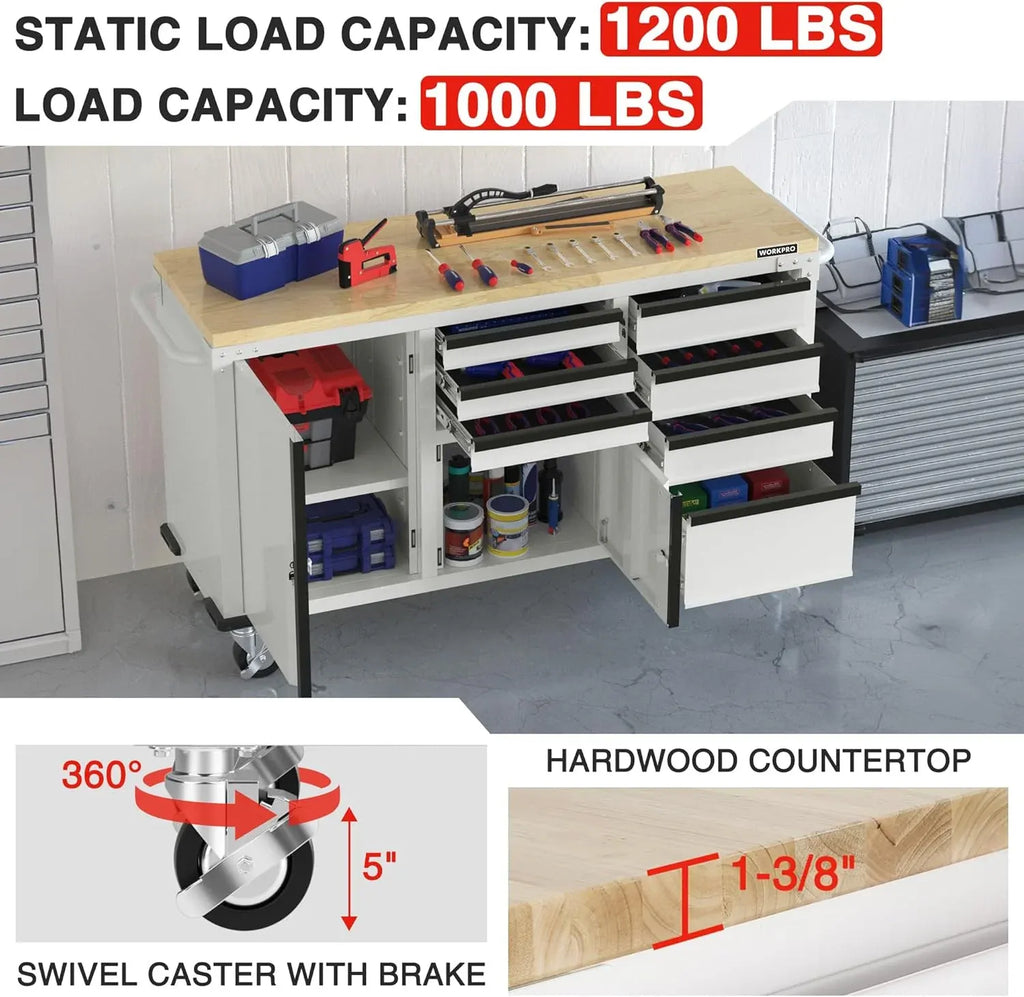 62 x 20 7-Drawer & 2-Door Rolling Tool Chest, Mobile Tool Storage Cabinet with Power Strip, Locking System, Heavy Duty Rolling Cabinet for Garage, Warehouse & Kitchen, 1000 lbs Capacity