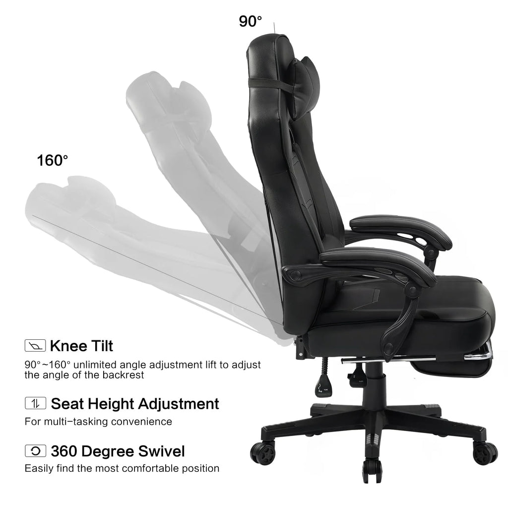 LUCKRACER Computer Gaming Chair with Footrest, Ergonomic Big and Tall Gamer Chair PU Leather Swivel Lumbar Support Racing Style E-Sports Game Chairs by GTRACING (Black)