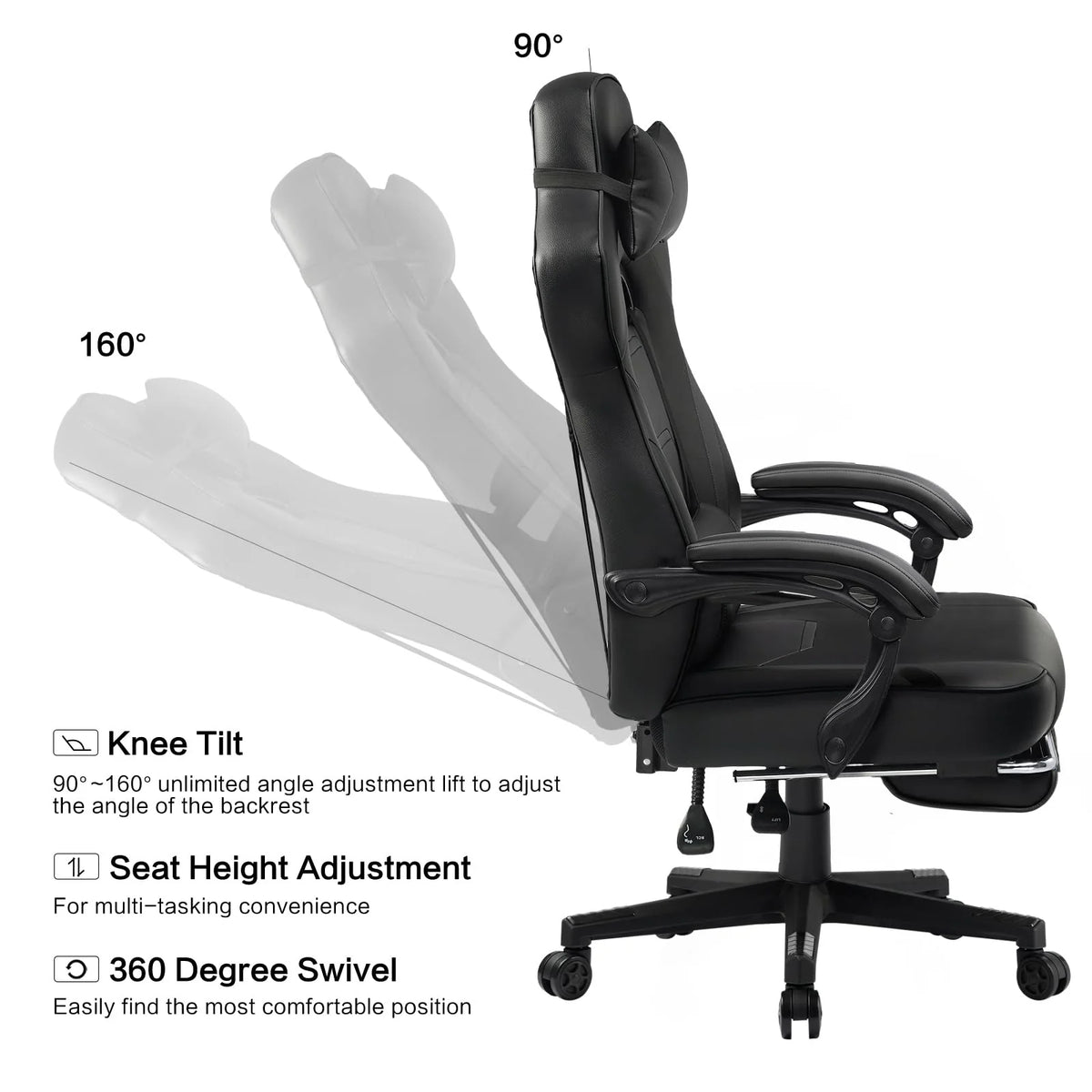 LUCKRACER Computer Gaming Chair with Footrest, Ergonomic Big and Tall Gamer Chair PU Leather Swivel Lumbar Support Racing Style E-Sports Game Chairs by GTRACING (Black)