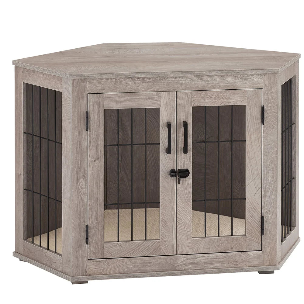 Unipaws Corner Dog Crate Furniture, Wooden Dog Kennel for Dogs Puppy, Pet Crate for Limited Room, Medium, Weathered Gray