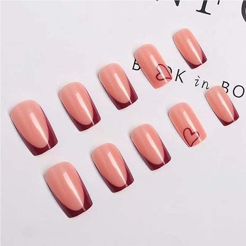 24 PCS Valentine's Day Press On Nails, French Tip Medium Square Wine Red Heart Fake Nails Natural Fit Gel Acrylic Nails, Glue On Nails False Nail Set