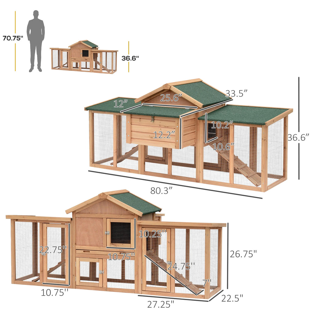 PawHut 80 Chicken Coop, Wooden Outdoor Chicken Cage Poultry Hen House with Nesting Box, Double Runs, Removable Tray, Ramps, for Garden Backyard