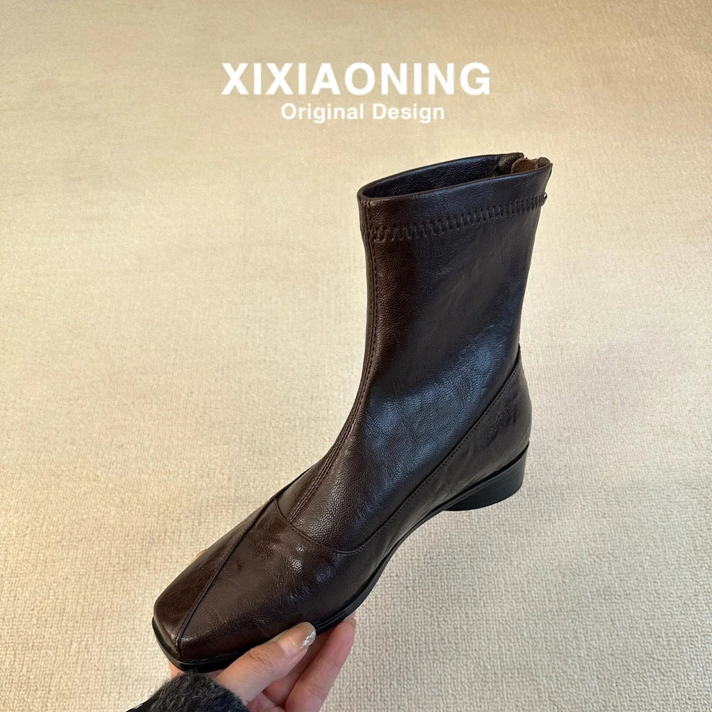 Women French Retro Slim Ankle Boots, Genuine Leather Back Zipper Stretch Boots, Elegant Slimming Block High Heel Short Boots
