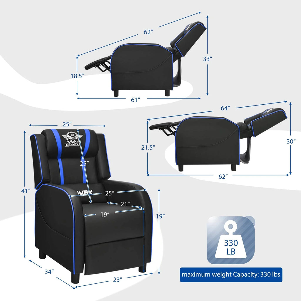 POWERSTONE Gaming Recliner Chair, Reclining Gaming Chair Ergonomic Leather Sofa with Footrest Lumbar Support Headrest and Side Pouch for Living Room Home Theater, Blue