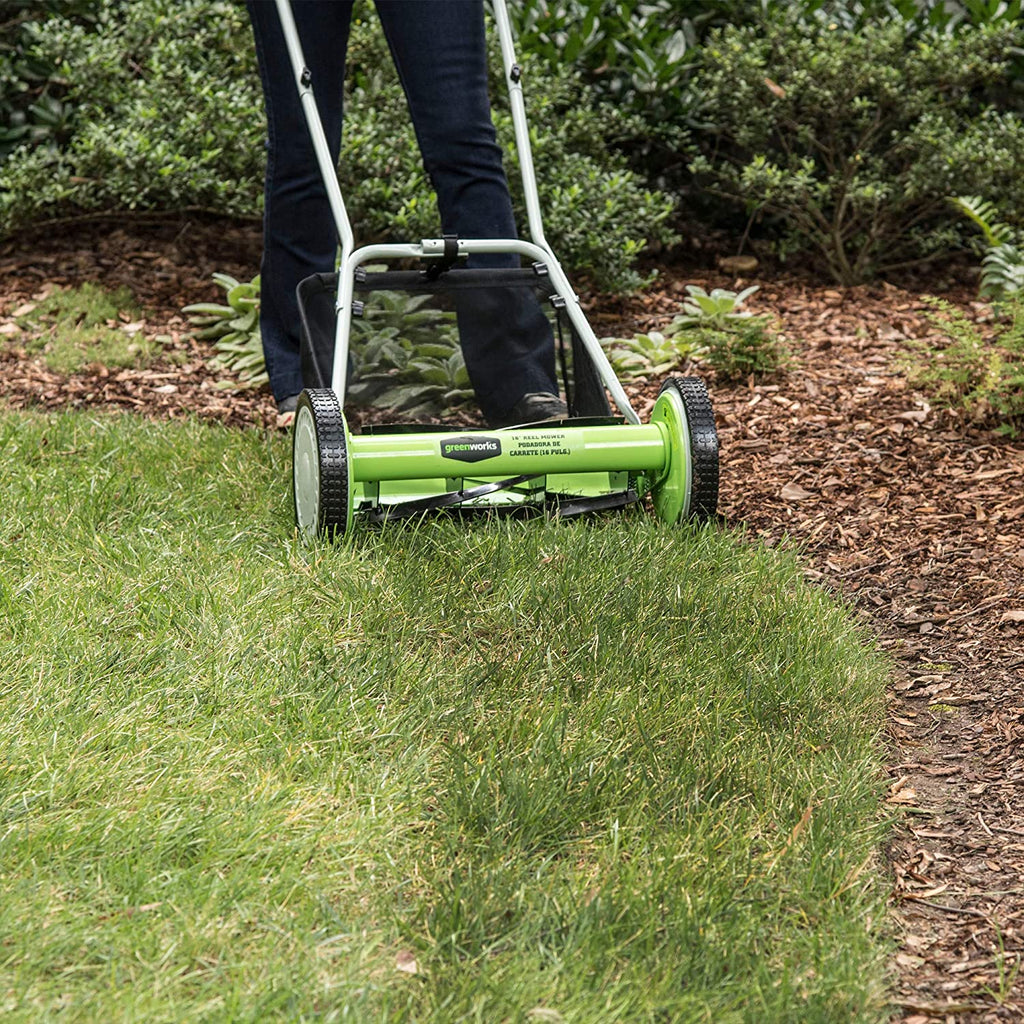 Greenworks 16-Inch Reel Lawn Mower with Grass Catcher 25052，Black/Green， 47D x 22W x 29.75H💝 Last Day For Clearance