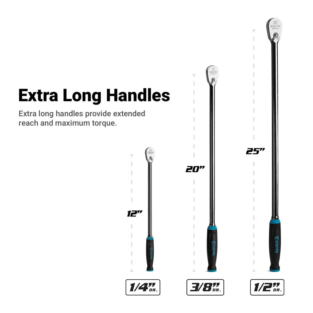 Capri Tools Fine 90-Tooth Extra Long Ratchet Set, Ergonomic Soft Grip, 1/4, 3/8, 1/2 in. Drive, 3-Piece