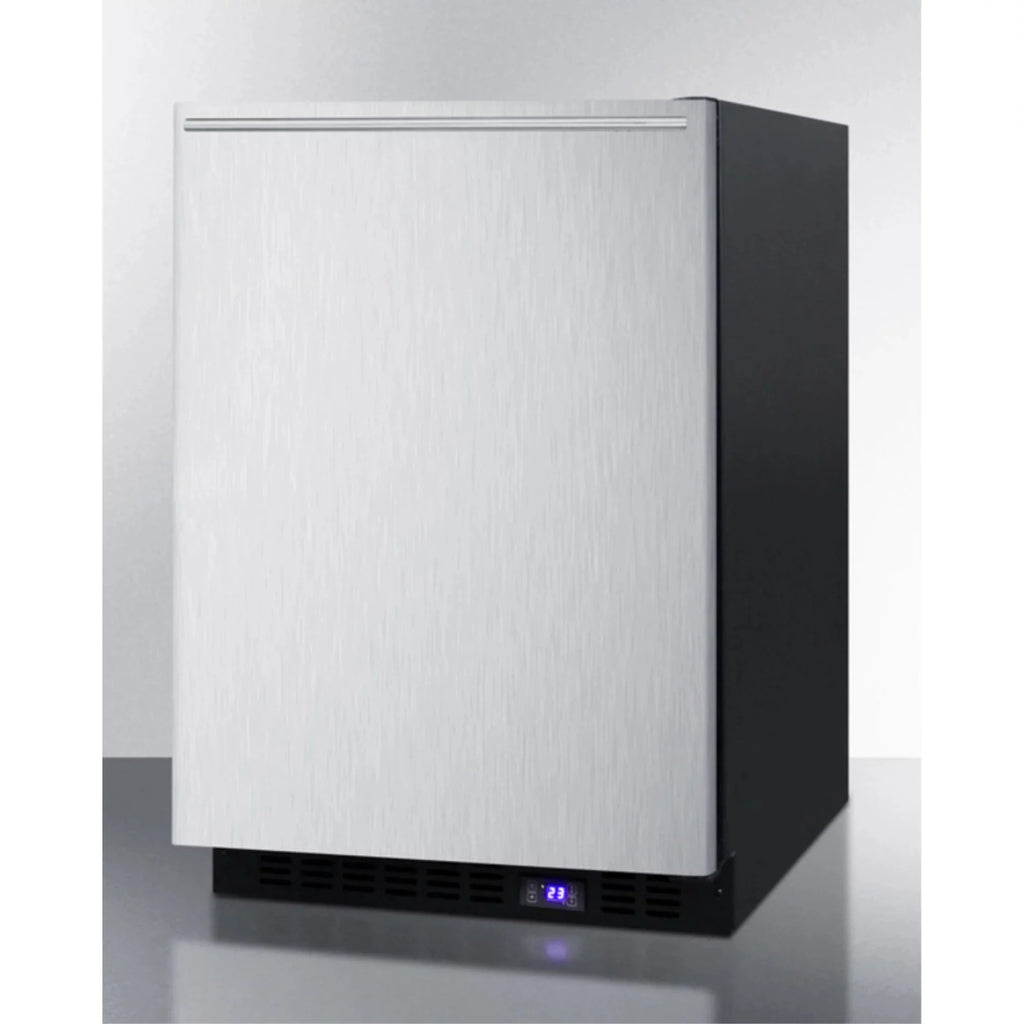 Frost-free built-in undercounter all-freezer for residential or commercial use, with stainless steel door, horizontal handle, and black cabinet