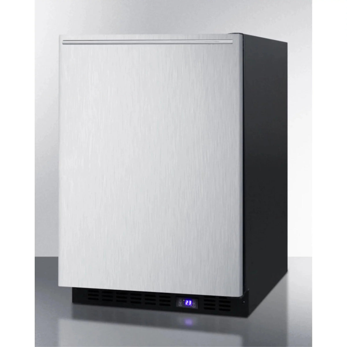 Frost-free built-in undercounter all-freezer for residential or commercial use, with stainless steel door, horizontal handle, and black cabinet