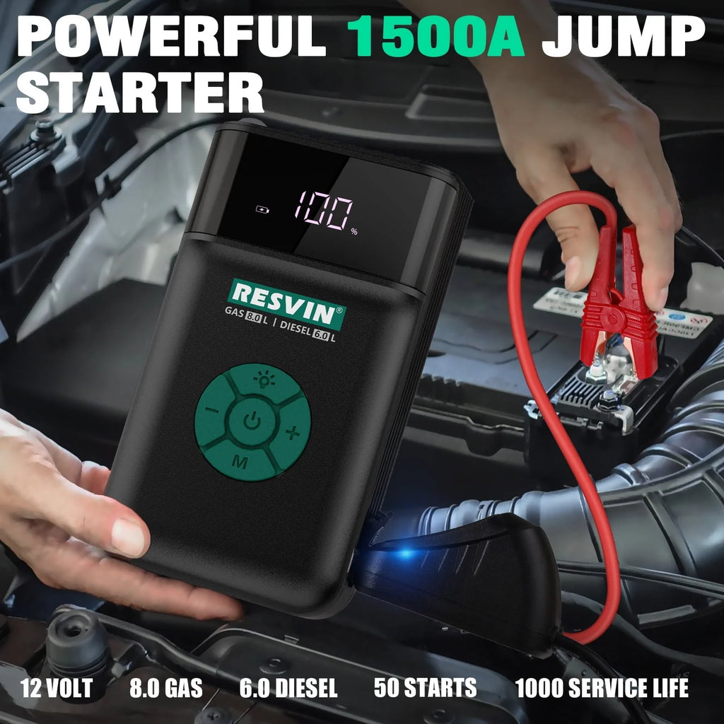Rechargeable Pro Jump Starter - 12V - with Air Compressor, 1500A 13500mAh Battery Starter with 120PSI Digital Tire Inflator, Works for Vehicles, Car Battery Booster for 8.0L Gas or 6.0L Engines