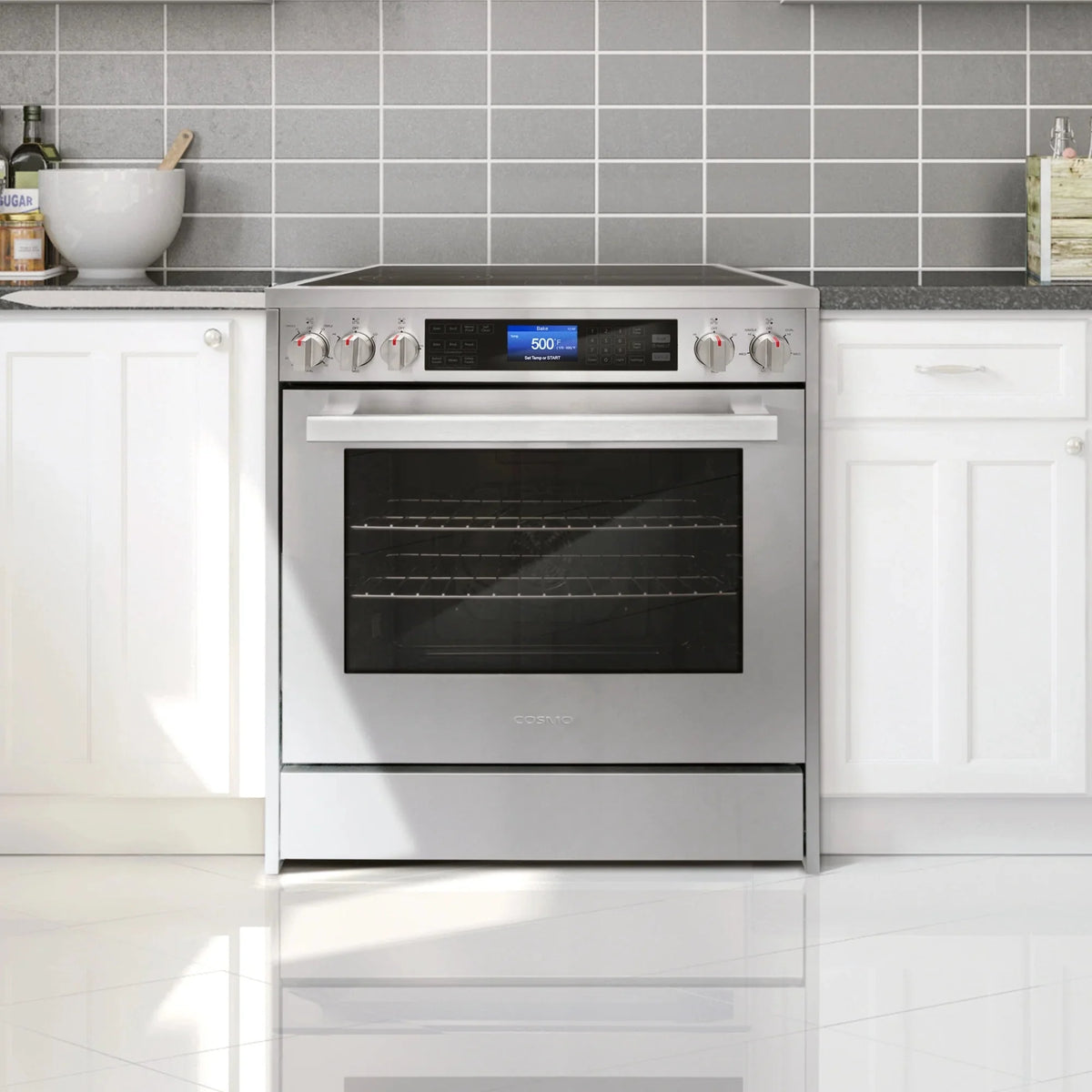 Cosmo 4 Piece Kitchen Appliance Packages with 30 Freestanding Electric Range 30 Wall Mount Hood 24 Built-in Integrated Dishwasher & French Door Refrigerator Kitchen Appliance Bundles