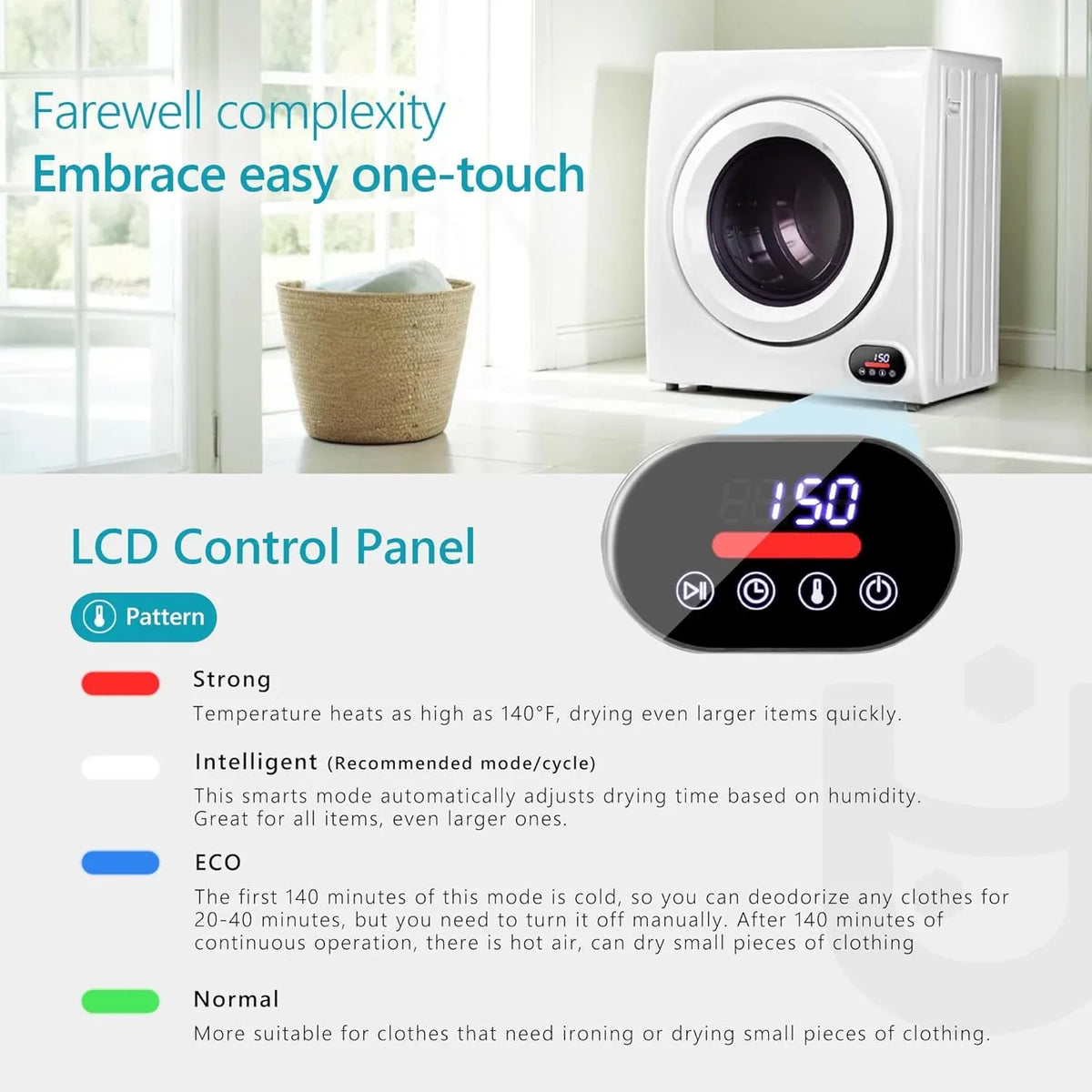 Euhomy Compact Laundry Dryer, 3.5 cu ft Front Load Stainless Steel Clothes Dryers With Exhaust Pipe, 1500W, LCD Control Panel Four-Function Portable Dryer For Apartments, Home, Dorm, White