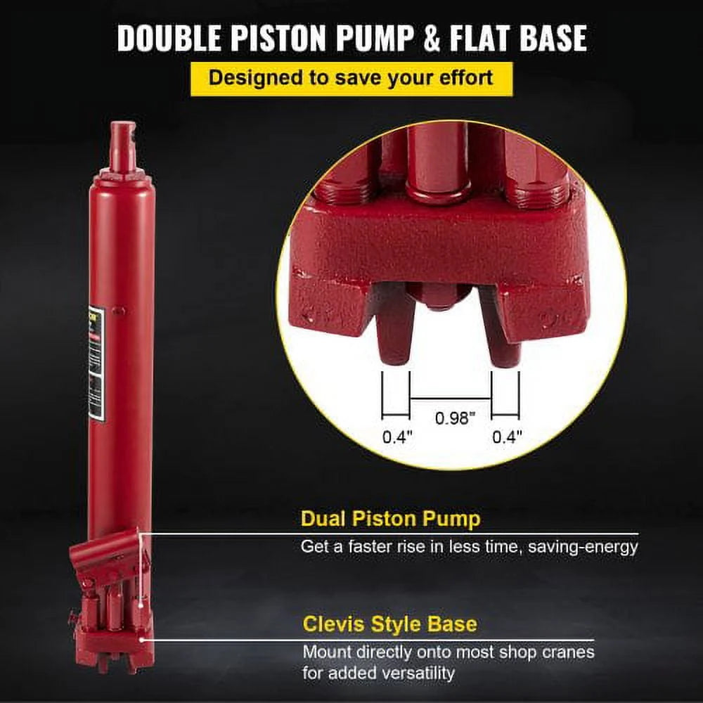 Vevor 1763 lbs 8-Tons Hydraulic Long Ram Jack with Dual Piston Pump & Clevis Base, Red