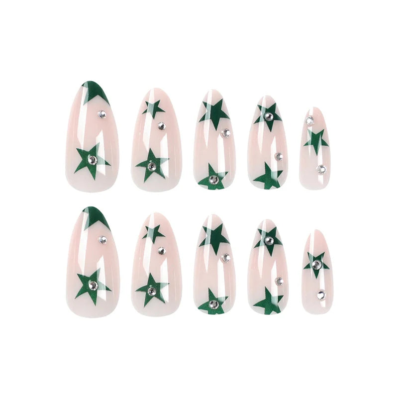 24 PCS Green Star Nail Art, Length Long Water Pipe Fake Nails, Had Nail Tips False Nail