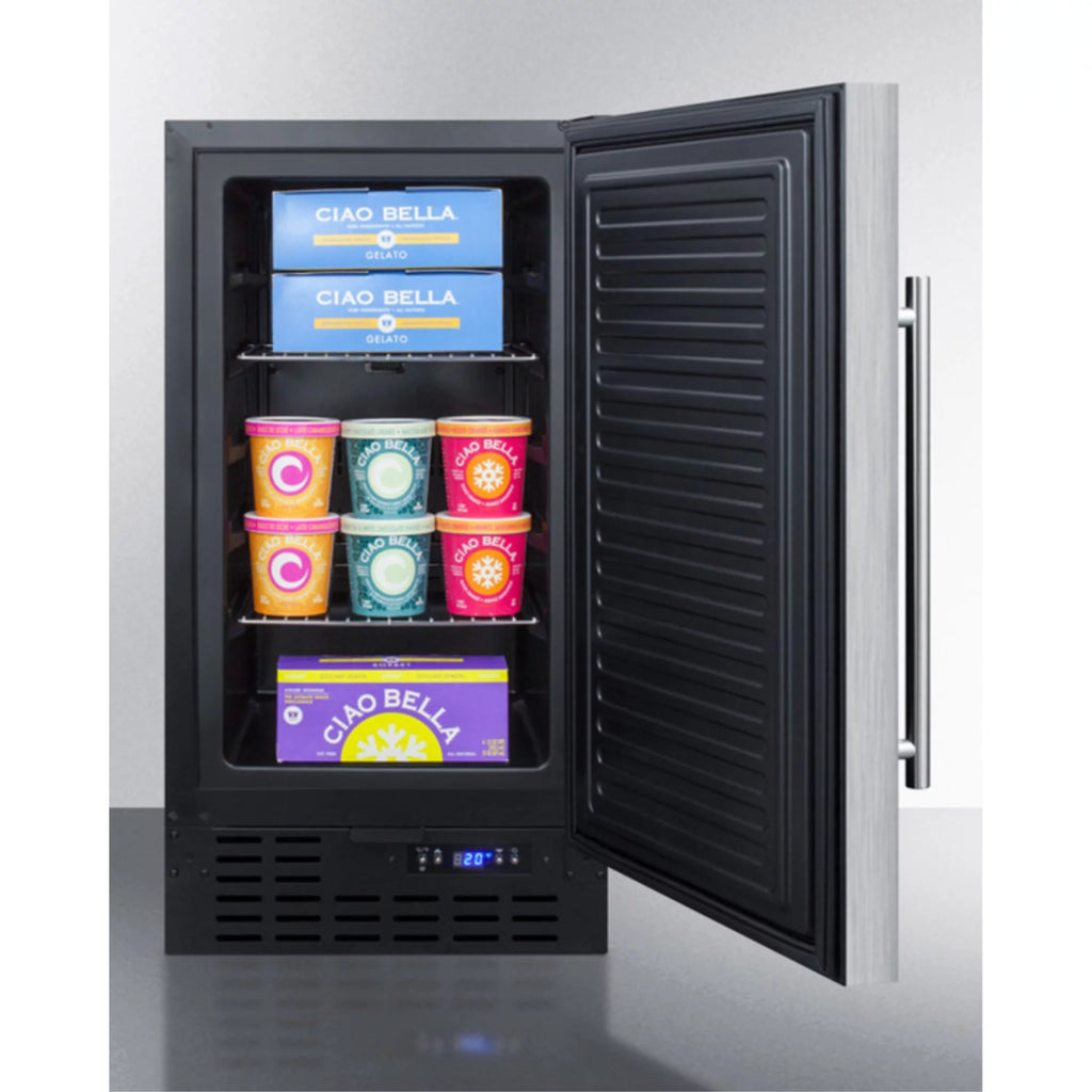 ADA compliant 18 wide frost-free freezer built-in or freestanding use, with stainless steel exterior, lock, and digital thermostat