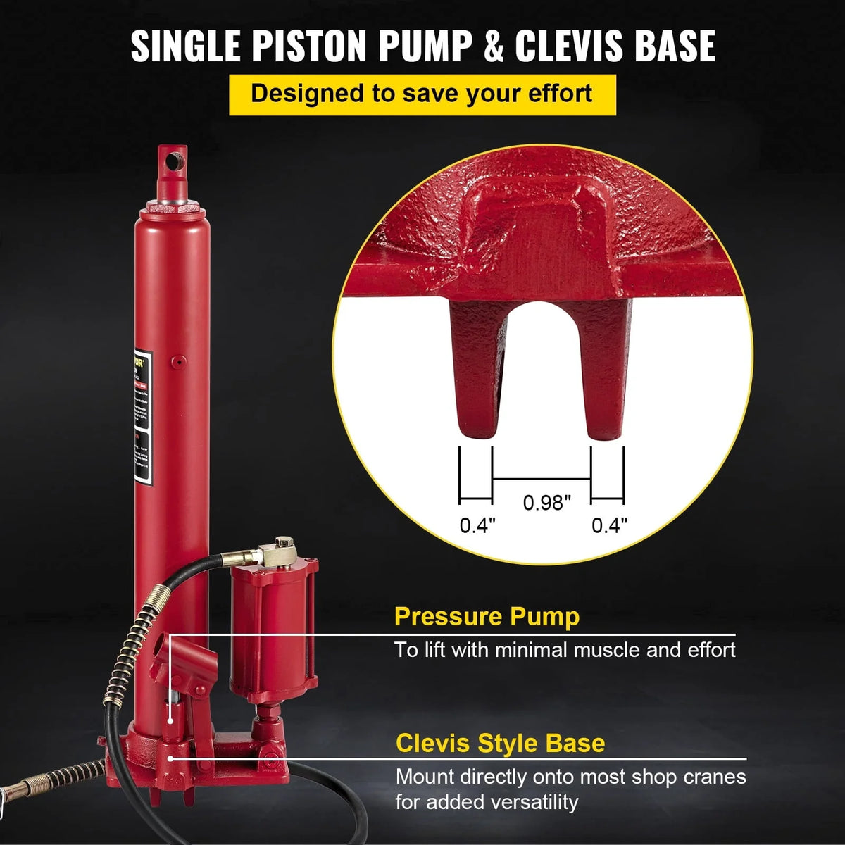 VEVOR Hydraulic / Pneumatic Long Ram Jack, 8 Tons/17363 lbs Capacity, with Single Piston Pump and Clevis Base, Manual Cherry Picker w/Handle, for Garage/Shop Cranes, Engine Lift Hoist, Red
