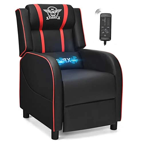 POWERSTONE Gaming Recliner Chair, Reclining Gaming Chair Ergonomic Leather Sofa with Footrest Lumbar Support Headrest and Side Pouch for Living Room Home Theater, Blue