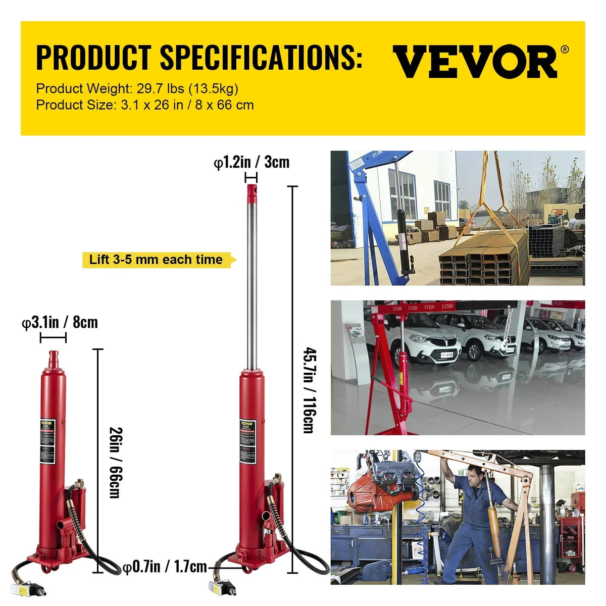 VEVOR Hydraulic / Pneumatic Long Ram Jack, 8 Tons/17363 lbs Capacity, with Single Piston Pump and Clevis Base, Manual Cherry Picker w/Handle, for Garage/Shop Cranes, Engine Lift Hoist, Red
