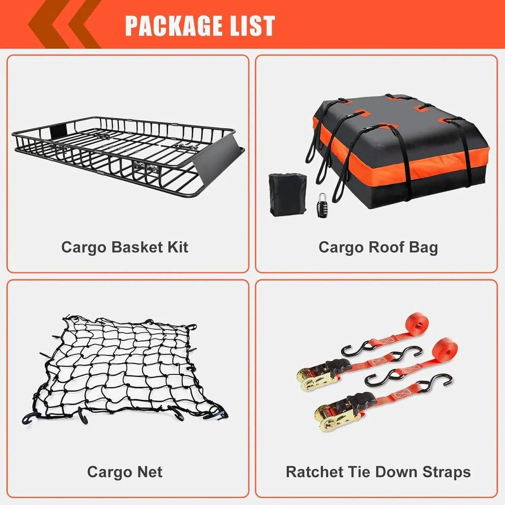 MeeFar Roof Rack Carrier Basket Universal Rooftop 65 X 39 X 6 Large Size Roof Rack + Waterproof Bag 20 Cubic Feet (51 40 17), and Cargo Net with Attachment Hooks, Ratchet Straps