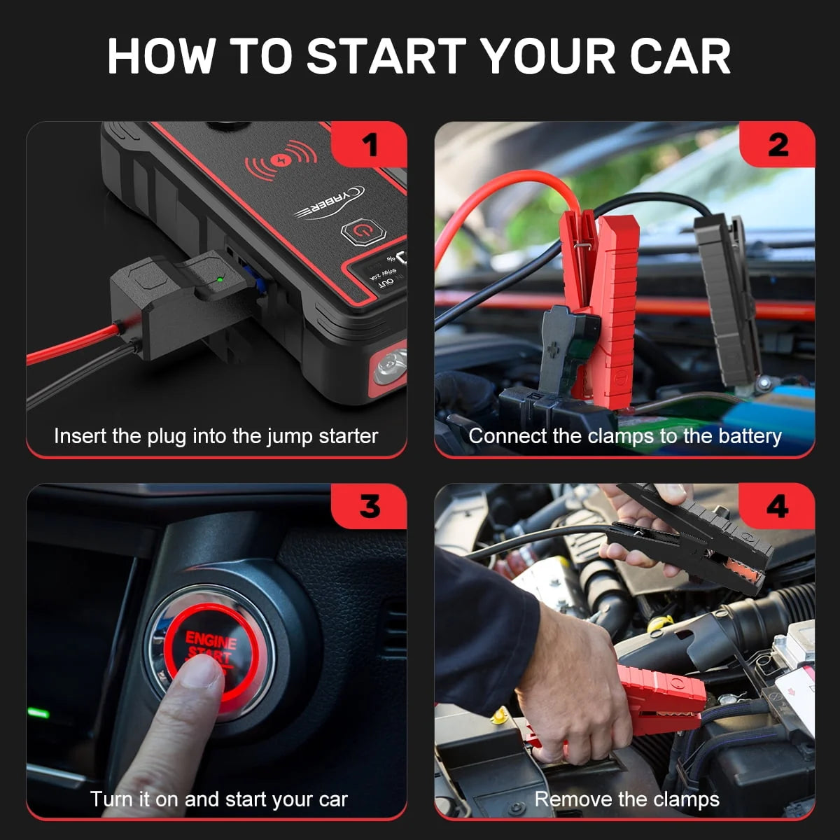 Car Jump Starter 4000A 23800mAh Auto Booster(All Gas or 8.0L Diesel) Wireless Charger YABER